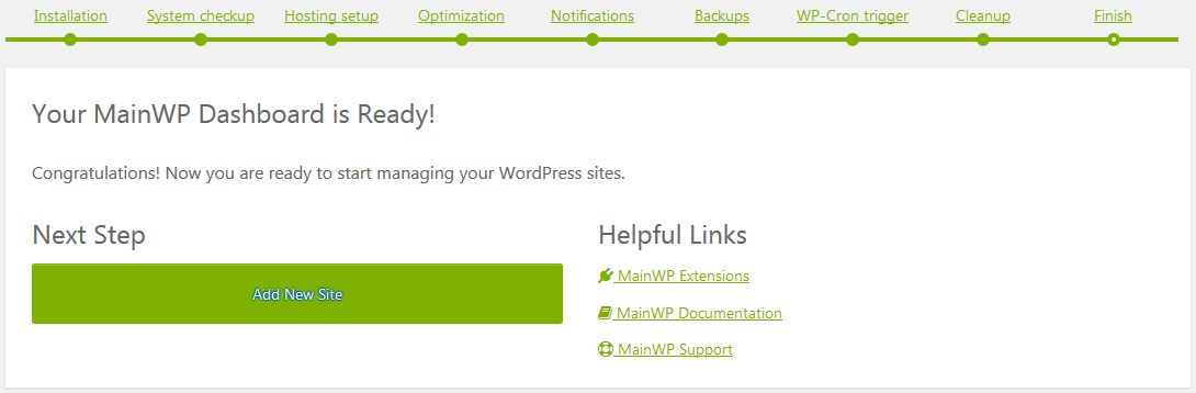 Fin de la configuration du tableau de bord Mainwp