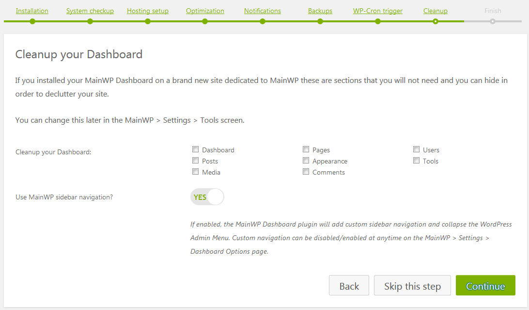 Nettoyage de la configuration du tableau de bord Mainwp