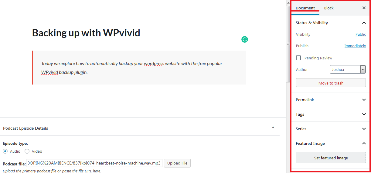 إعدادات مستند محرر Gutenberg