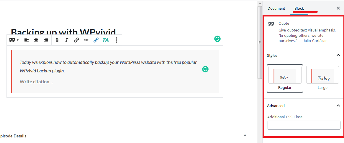 إعدادات كتلة محرر Gutenberg