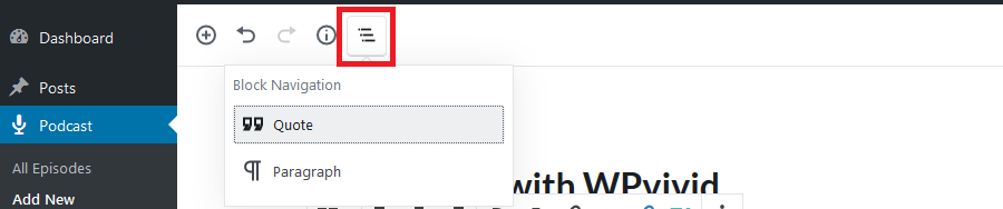 شريط أدوات محرر Gutenberg للتنقل