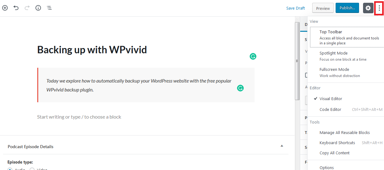 شريط أدوات محرر Gutenberg يخفي المزيد من الخيارات
