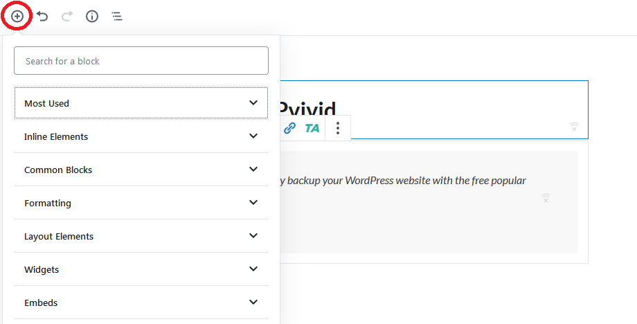 كتلة شريط أدوات محرر Gutenberg