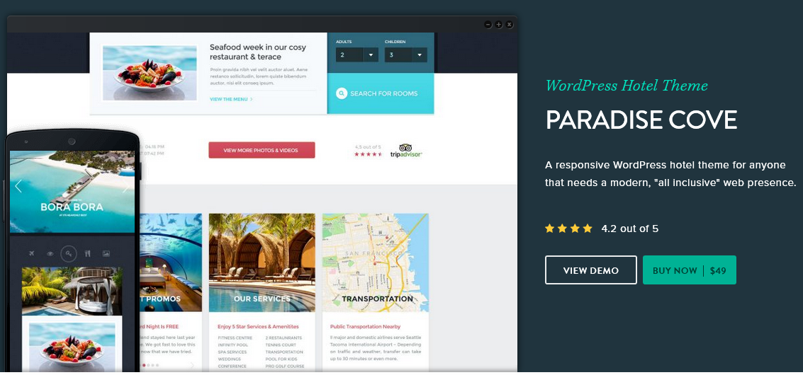Tema WordPress dell'hotel Paradise Cove