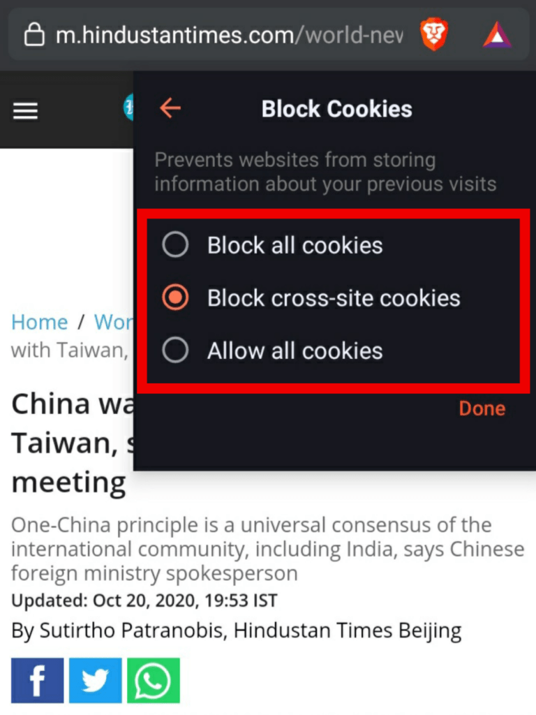 braver bloquer les cookies intersites