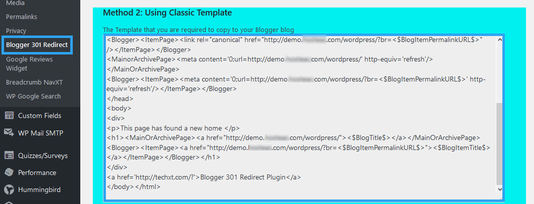 클래식 템플릿을 사용하여 리디렉션