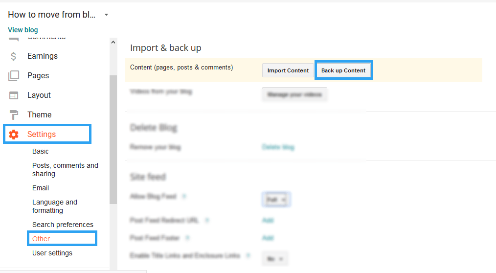 Blogger에서 콘텐츠 백업