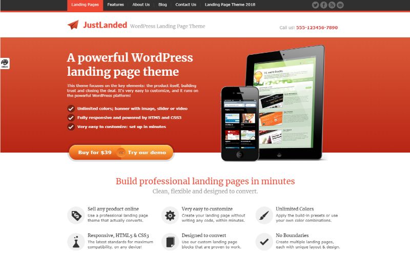 JustLanded 一栏 WordPress 主题