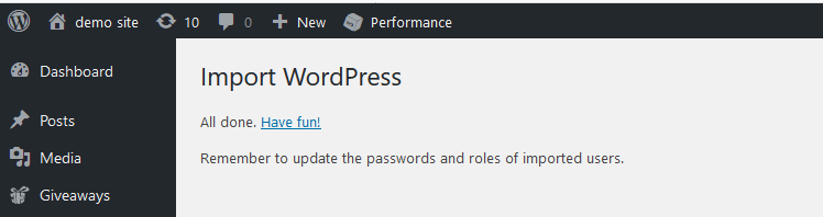 WordPress.com Web サイトのファイルのインポートが完了しました