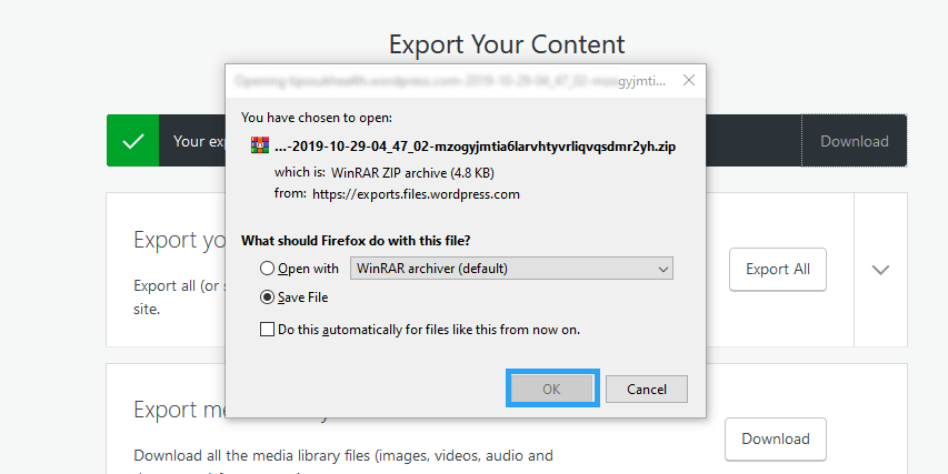 エクスポートした WordPress.com Web サイト ファイルを保存する