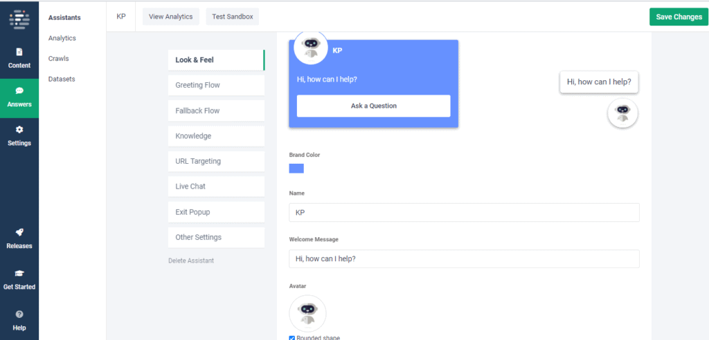 Frase AI impostazioni del chatbot