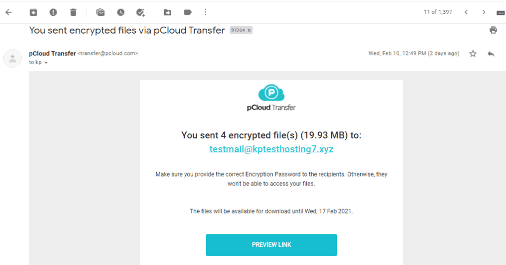 pCloud-Übertragung erfolgreich per E-Mail-Benachrichtigung