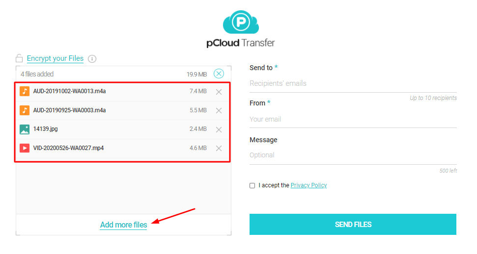 pcloud transfer dateien hinzufügen