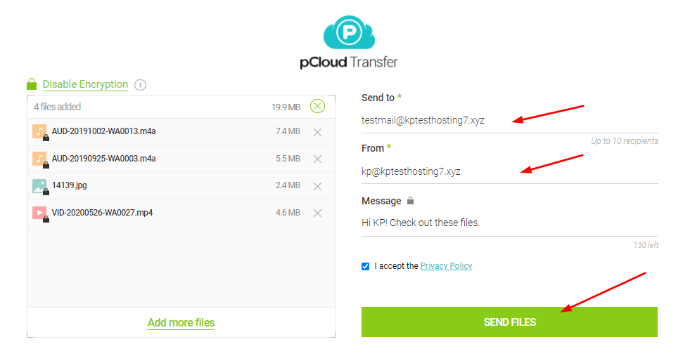 pCloud E-Mail-Adresse und Nachricht hinzufügen