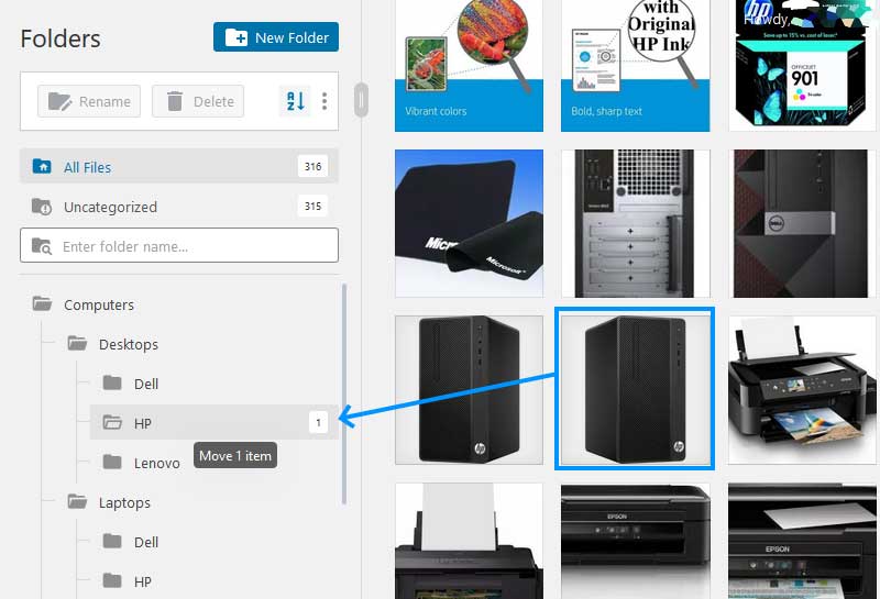 نقل عناصر مكتبة وسائط FileBird