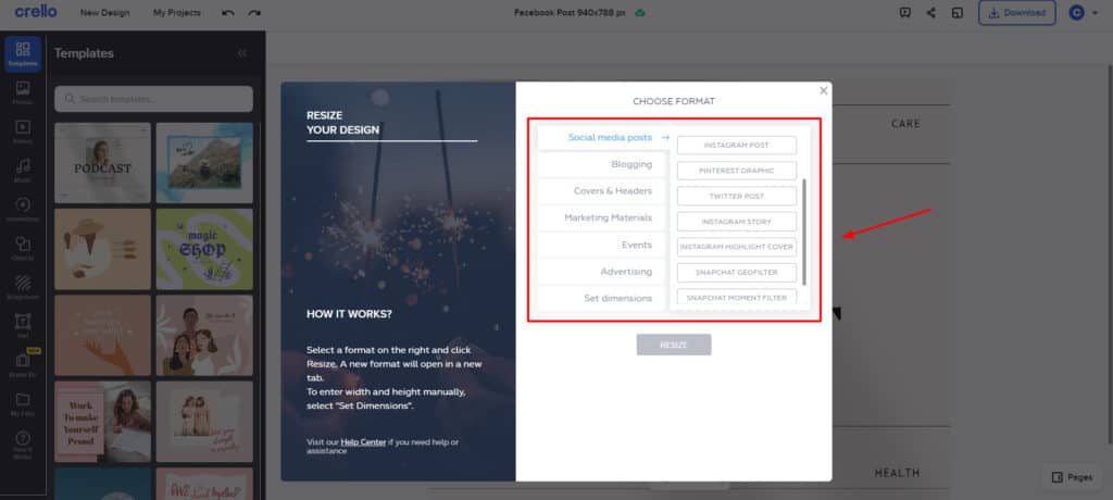 Инструмент изменения размера Crello