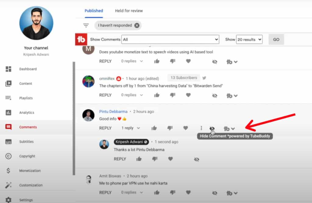 TubeBuddy Pro 계획 - 댓글 숨기기