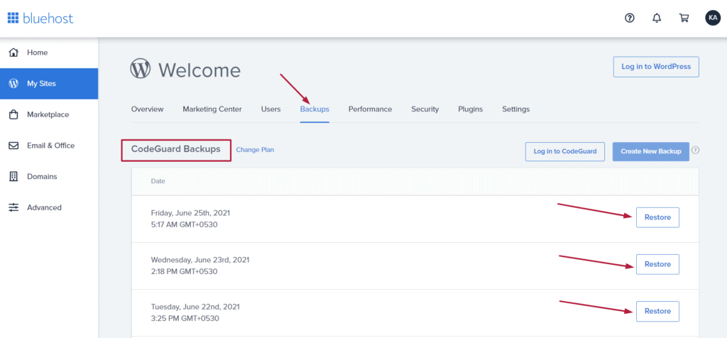 bluehost Codeguard-Sicherung