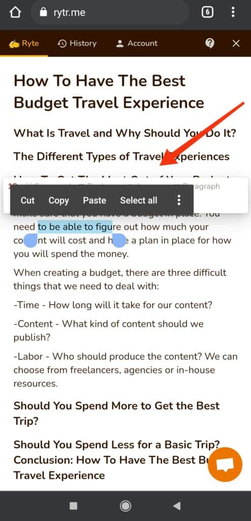 Interface móvel Rytr