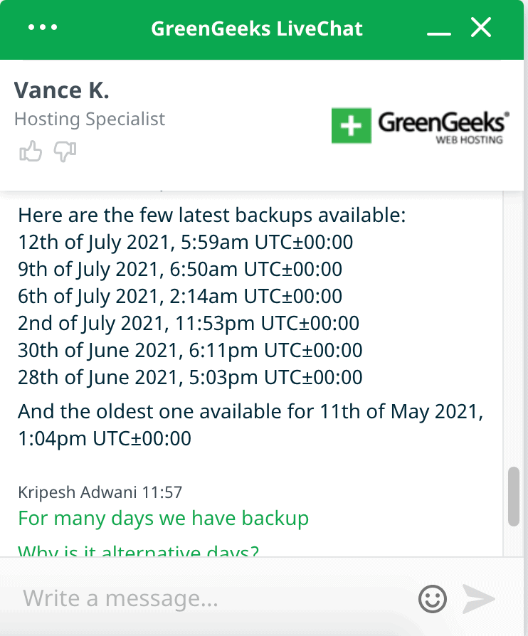 Fechas de copia de seguridad de GreenGeeks