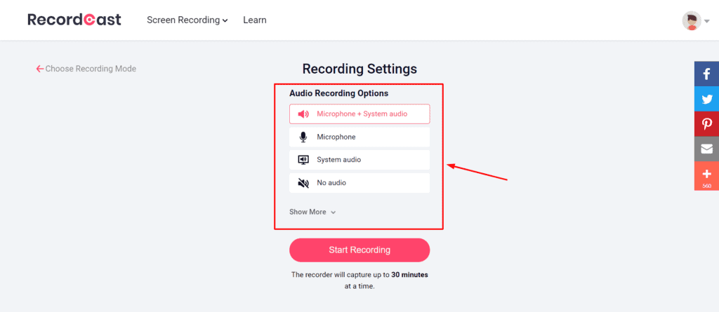 RecordCast Gelişmiş ses Ayarları