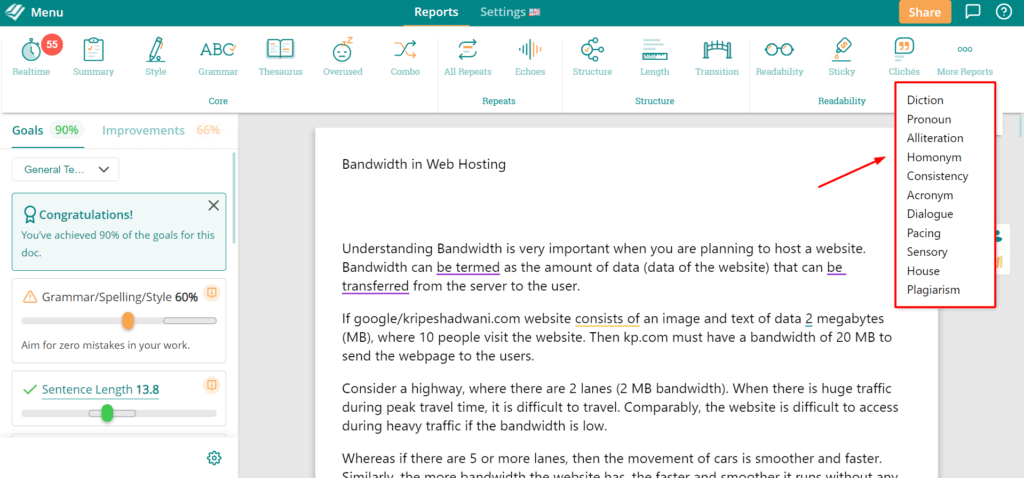 Laporan Ekstra di ProWritingAid