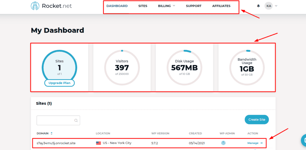 Interfaccia utente di Rocket.net