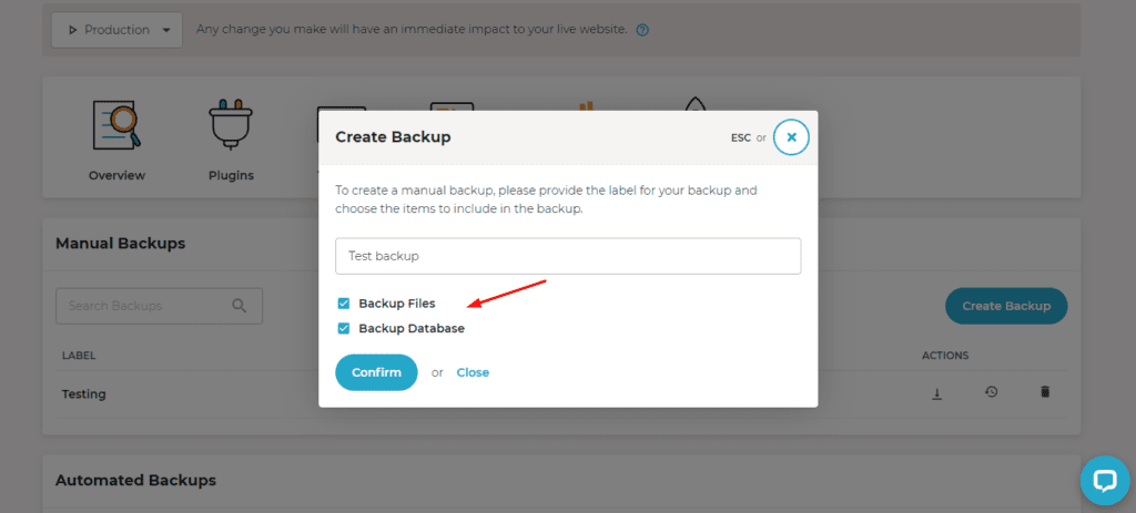 Creazione di backup manuali su Rocket.net