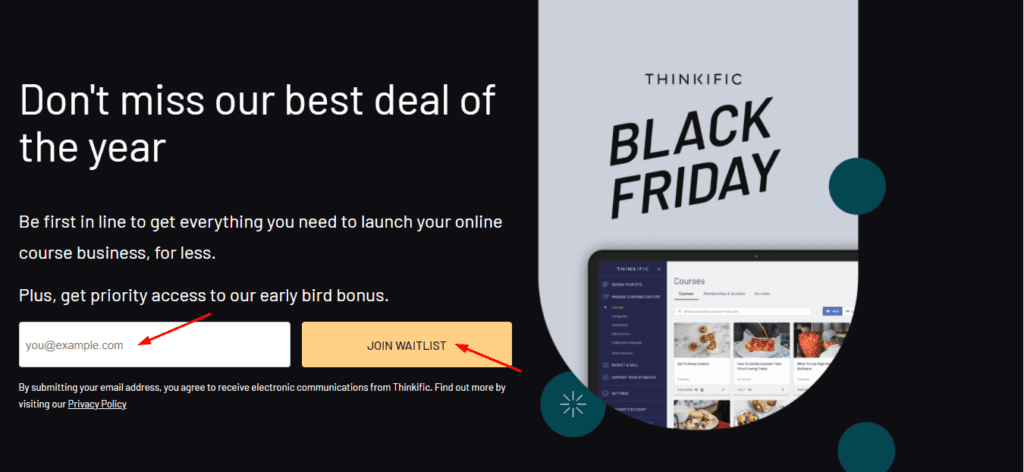 Pagina de oferte Thinkific Black Friday
