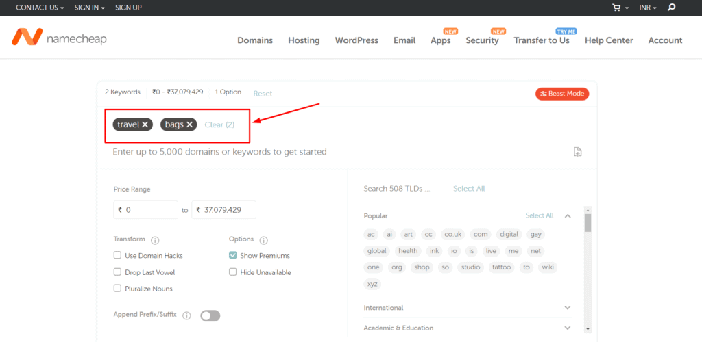 Домашняя страница Namecheap Beast Mode