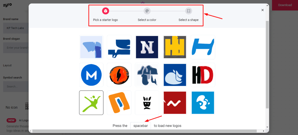Selectarea formei în Zyro Logo Maker