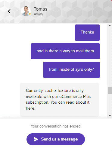 Asistență pentru chat Zyro