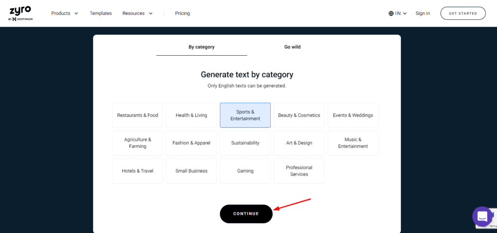 Selectarea categoriei în Zyro AI Writer