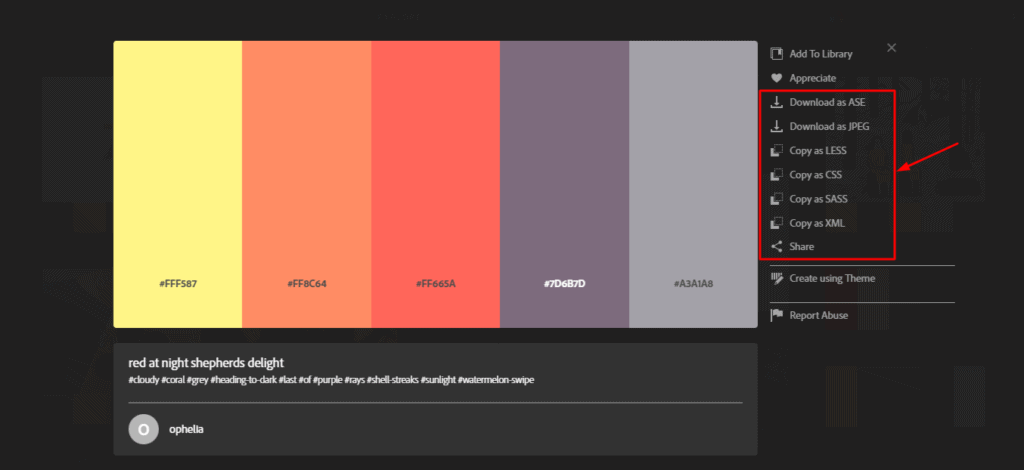 Параметры экспорта в Adobe Color