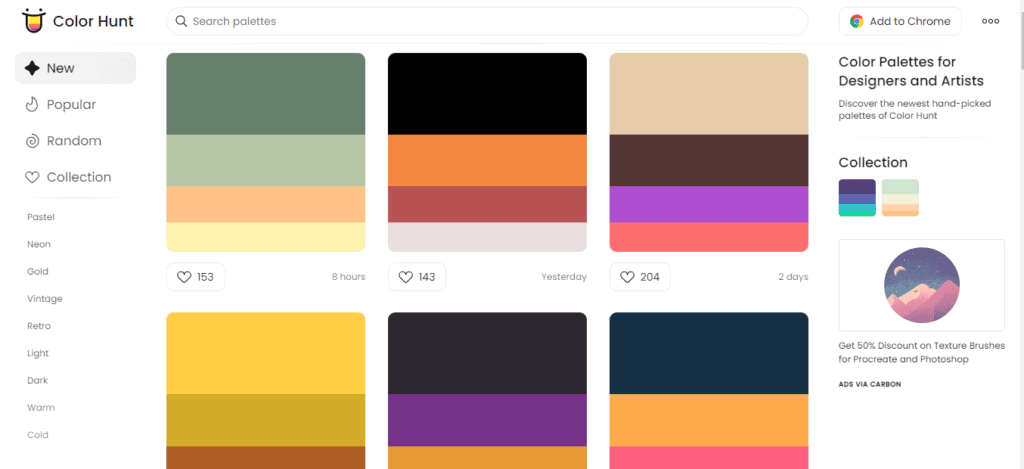 Домашняя страница Colorhunt