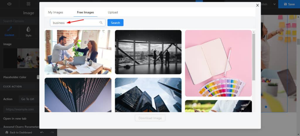 Unsplash-Bildbibliothek in Swipe Pages