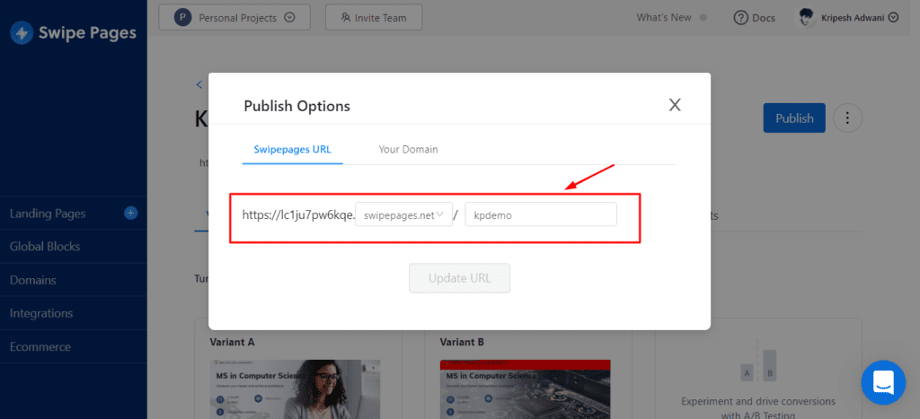 Unprofessionelle URL in Swipe Pages