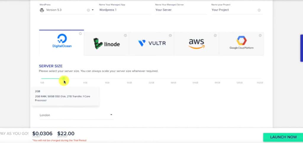 Selección de servidor en Cloudways