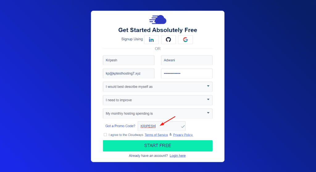 Agregar código de cupón en Cloudways