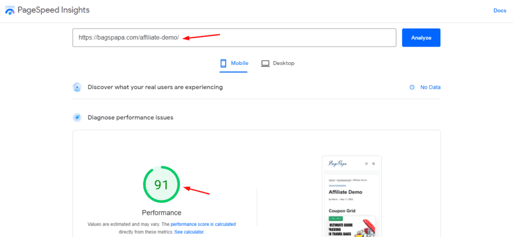 Page Speed Score mit allen AffiliateBooster-Blöcken
