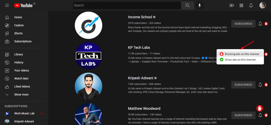 Menonaktifkan saluran YouTube berlangganan di AdBlock