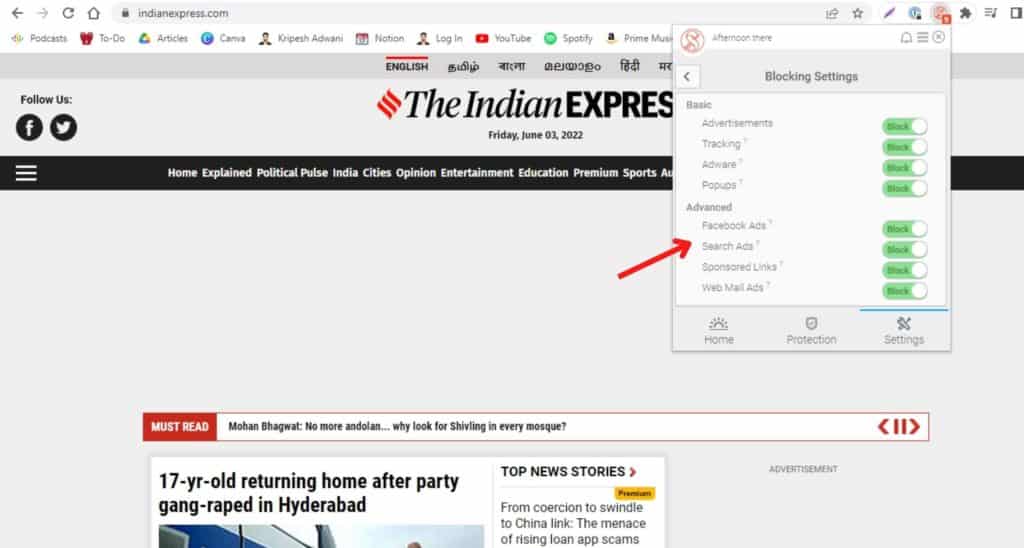 Pengaturan pemblokiran di Fair AdBlocker