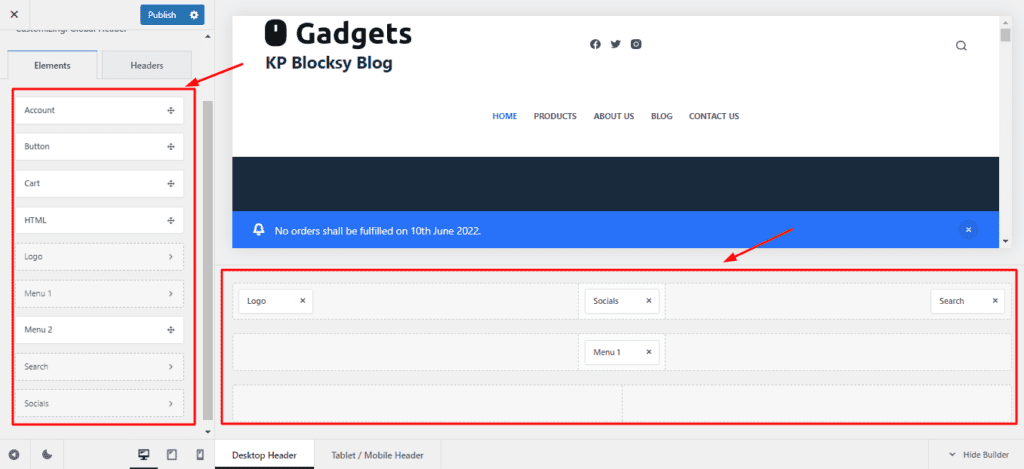 Blocksy Header- und Footer-Builder