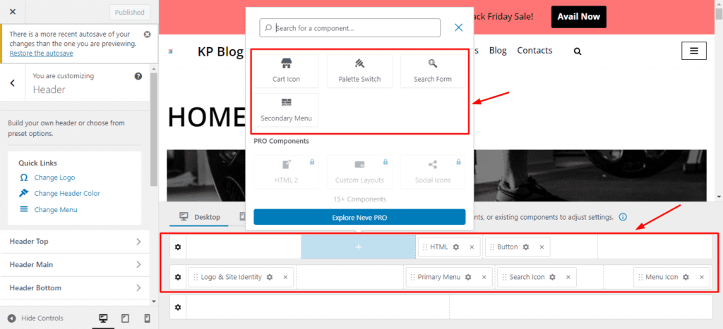 Neve Header- und Footer-Builder