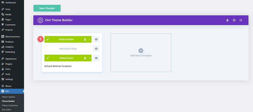 Edycja globalnego nagłówka w Divi Theme Builder