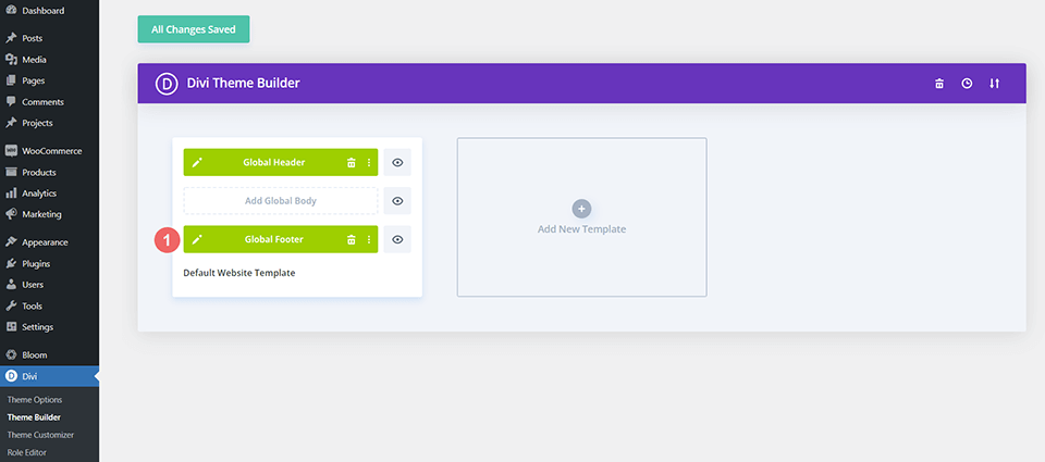 Edycja szablonu stopki w Divi Theme Builder