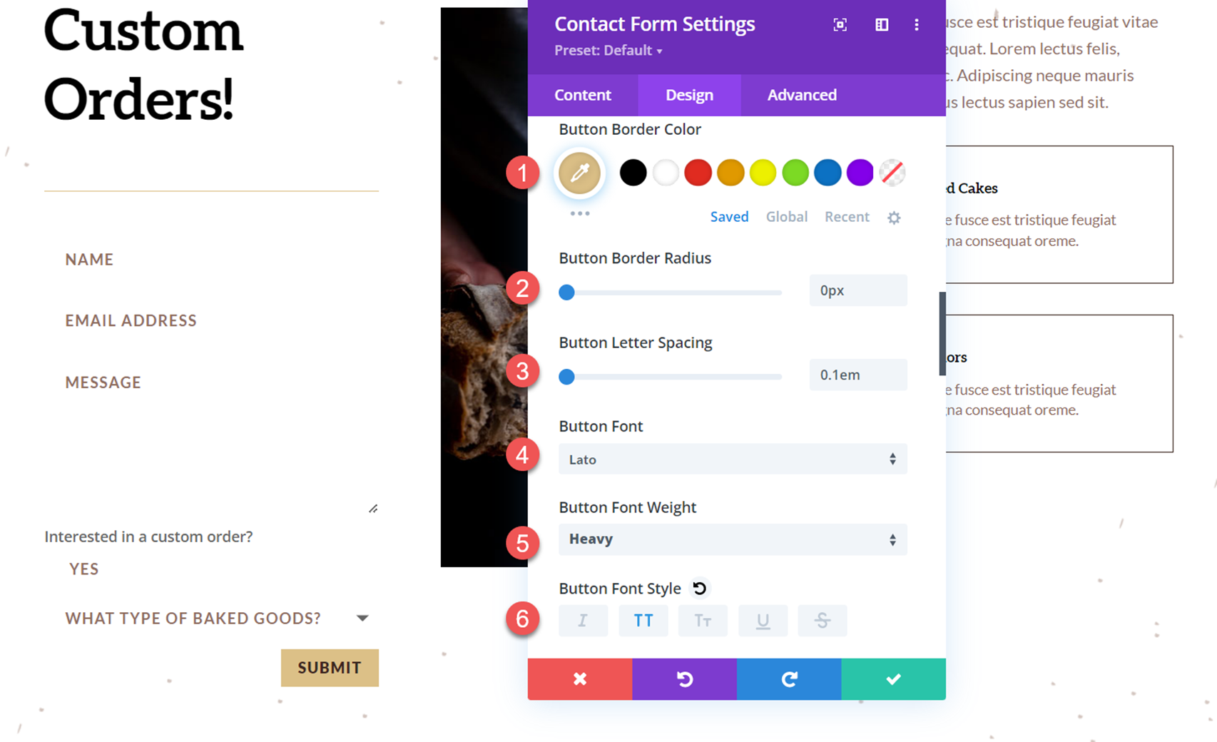 Divi Gösterim Seçenekleri Açılan İletişim Formu Düğme Kenarlığı Yazı Tipi