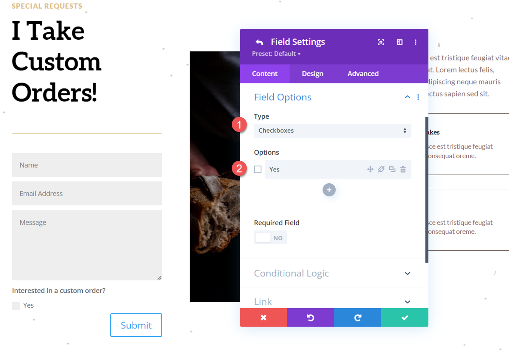 Divi Gösterim Seçenekleri Açılır Menü İletişim Formu Alan Seçenekleri