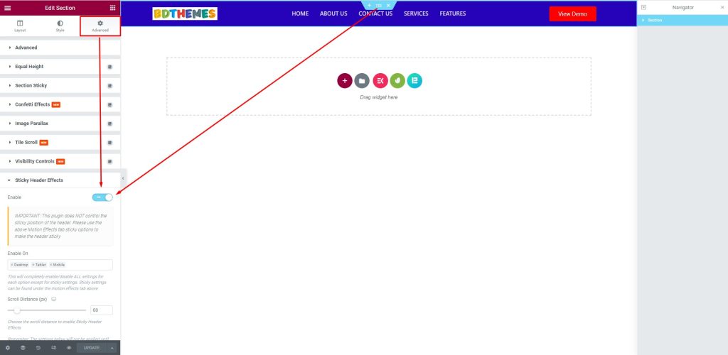 Crea un'intestazione appiccicosa in Elementor in soli 5 minuti!! 10 enable the switcher