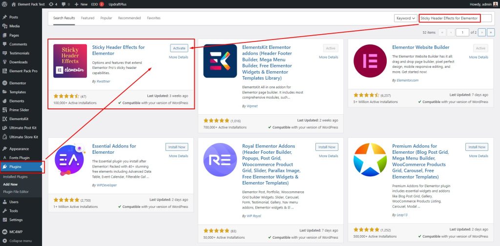 Crea un'intestazione appiccicosa in Elementor in soli 5 minuti!! 9 activate the plugin